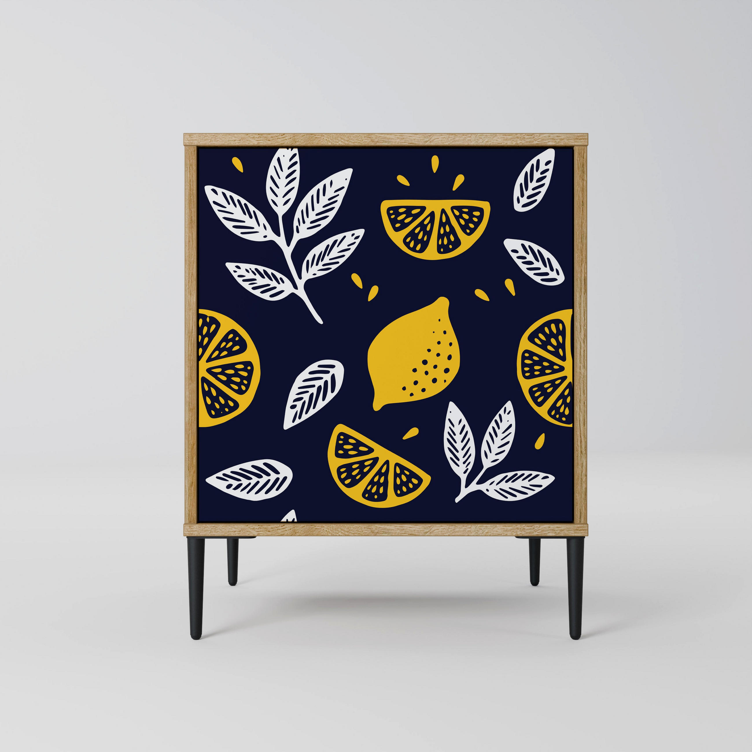 SIDEBOARD CITRUS BLACK AND WHITE, Eichefarben, 57,5x42x72,5 cm, Schwarze Metallfüße - Eichefarben/Multicolor, Holzwerkstoff/Metall (57.5/72.5/42cm) - SpaceRebels