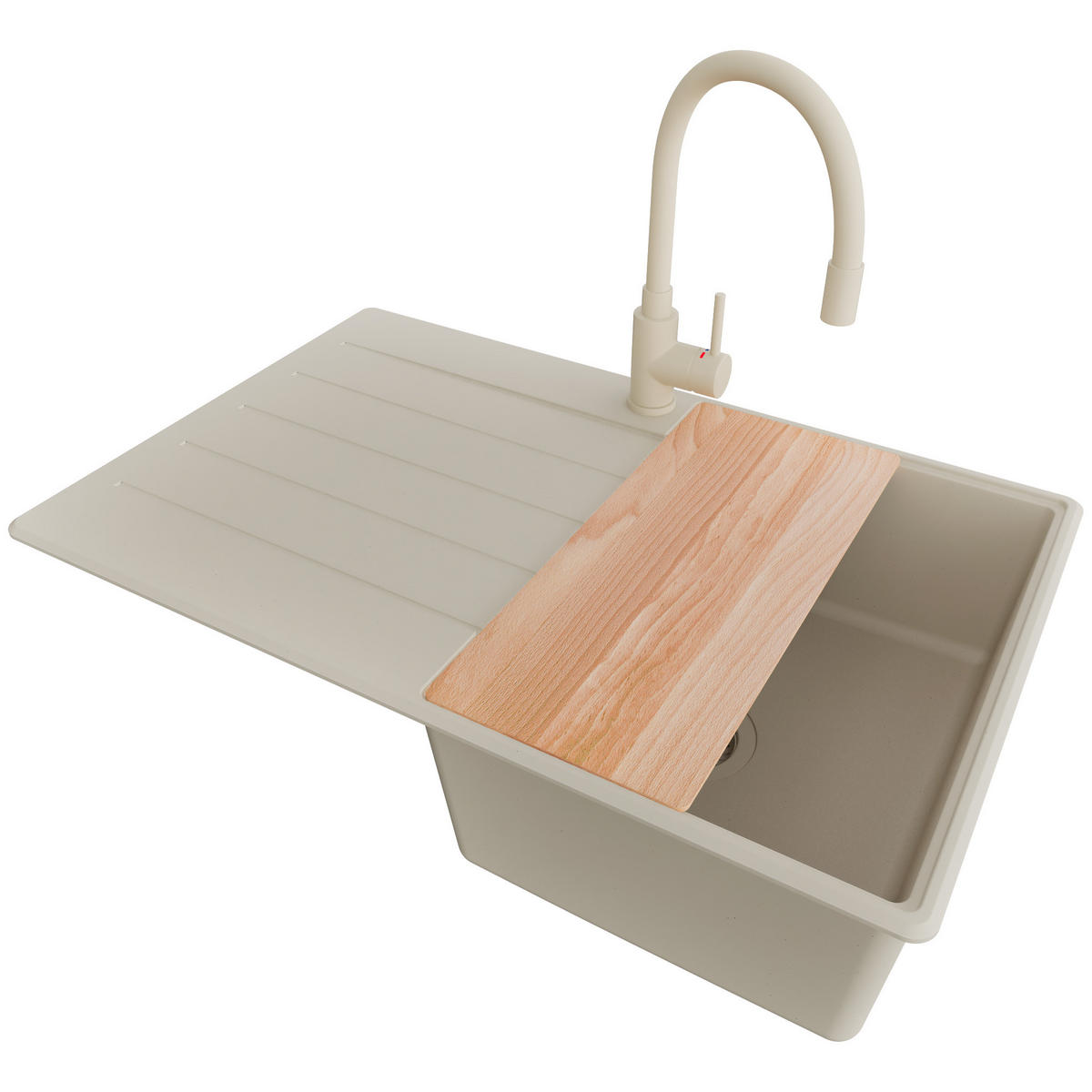 GRANITSPÜLE Kopenhagen, 2-er set Beige 78/50 cm 1 Becken + Küchenarmatur 38/14 cm + Ablauf-Set + Schneidebrett ab 45er Unterschrank - Beige, Kunststoff (78/20/50cm) - Primagran