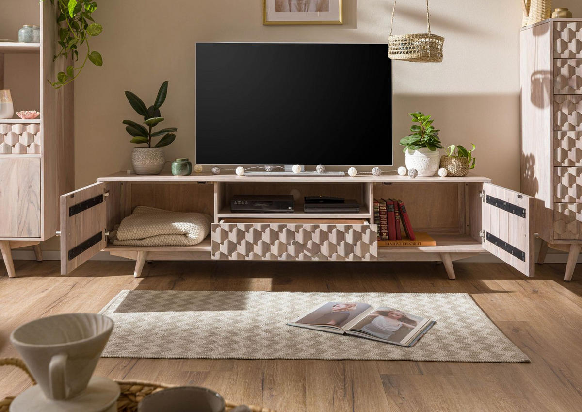 TV-BOARD 188x40x48 Akazie weiß lackiert MOSAYK #205 - Weiß, Holz (188/48/40cm) - Massivmoebel24
