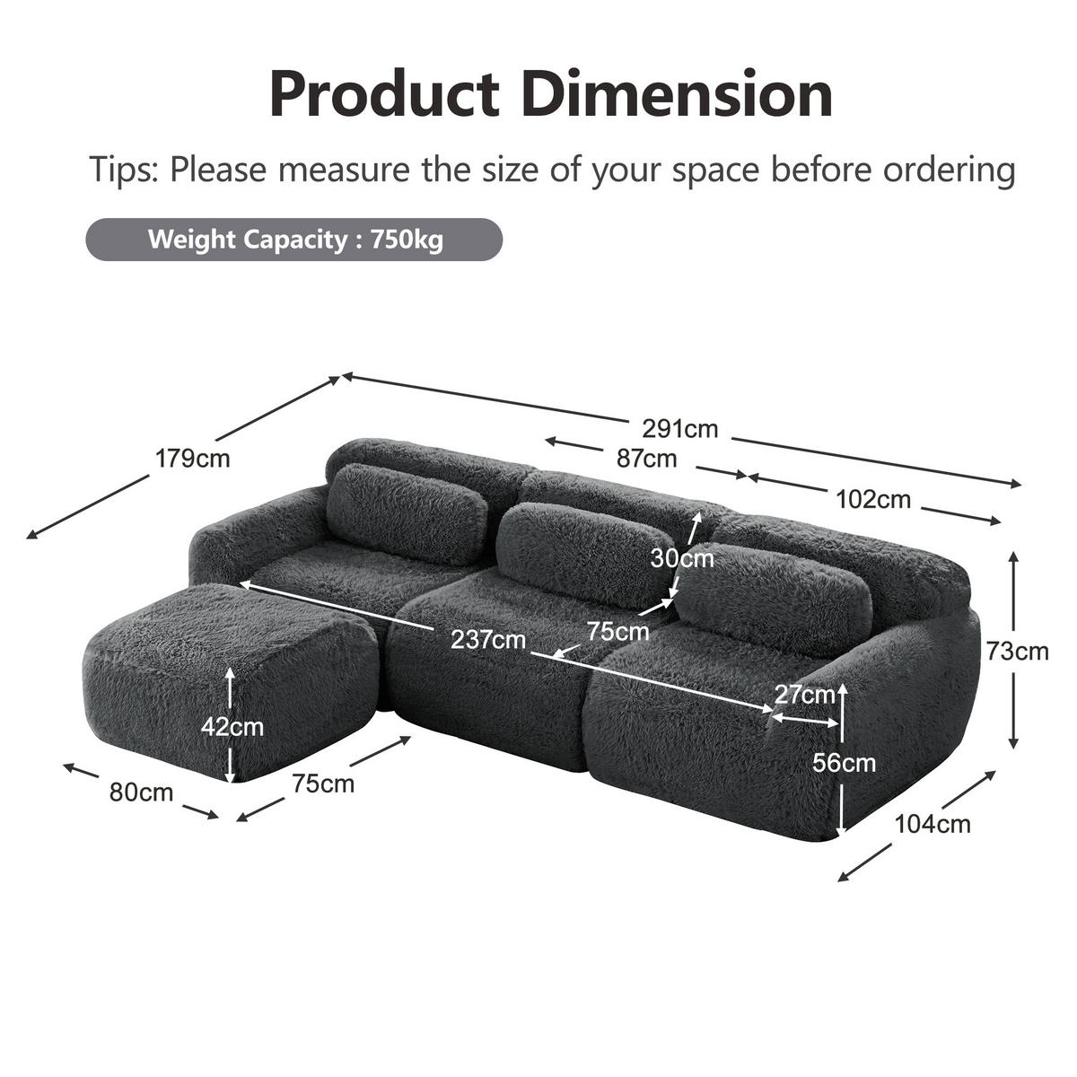 ECKSOFA Plüsch Grau mit Kissen - Grau, Textil (291/179cm) - WISHDOR