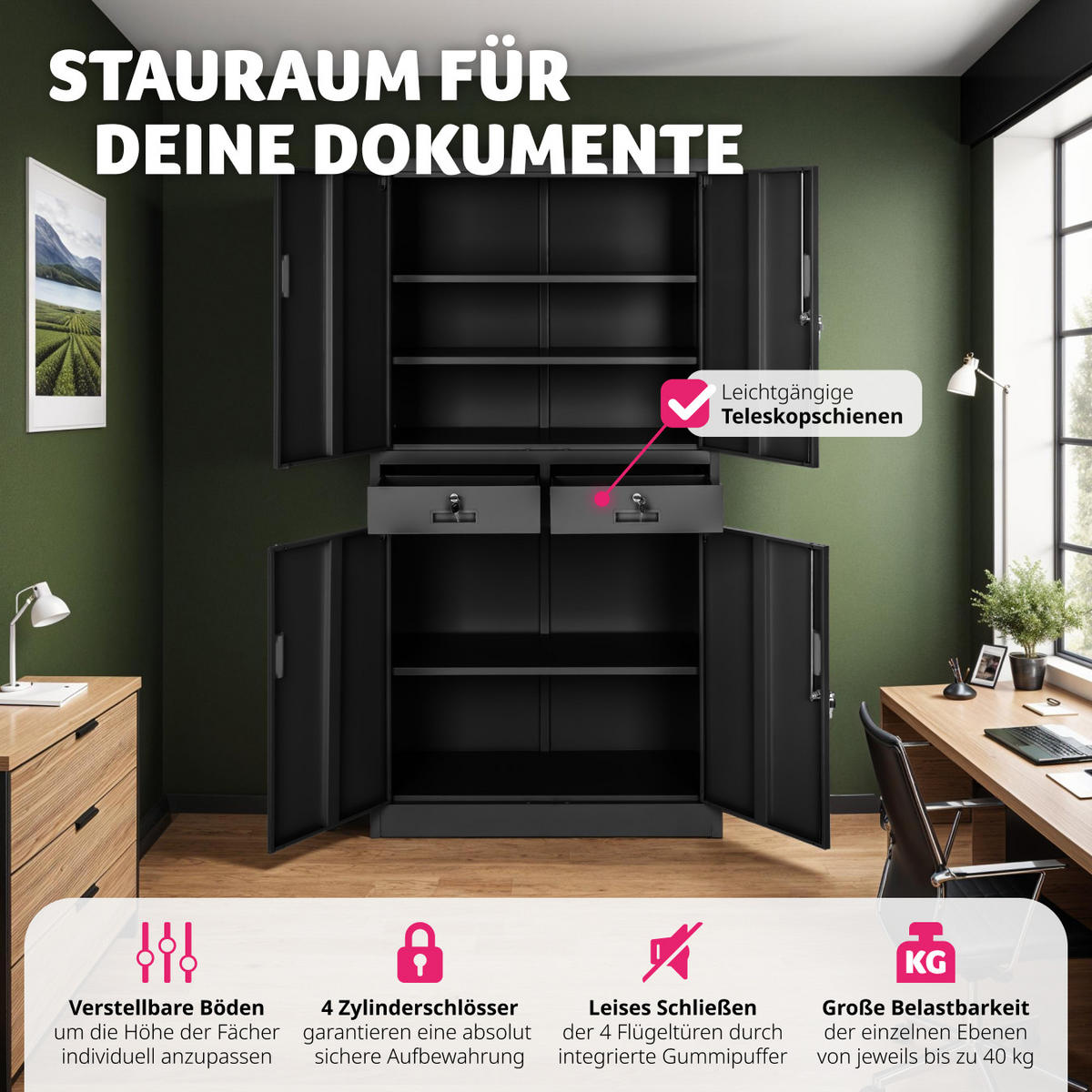 AKTENSCHRANK ,180 x 80 x 40 cm,schwarz/schwarz - Schwarz, Metall (40/180/80cm) - tectake