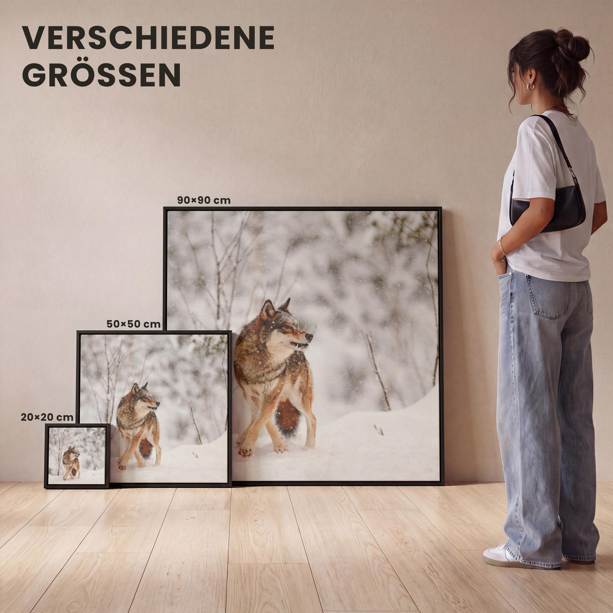 LEINWAND Bilder mit Rahmen - Wolf - Winter - Schnee - Natur - Tiere - 90x90 - Haselnussfarben, Textil (90/90cm) - MuchoWow
