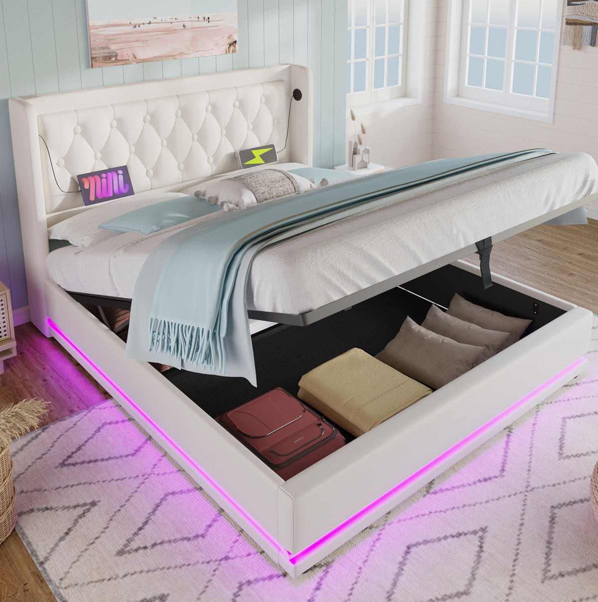 POLSTERBETT 180/200 cm Weiß aus PU mit LED und Ladefunktion - Weiß, Kunststoff (180/200cm) - OKMYHOME