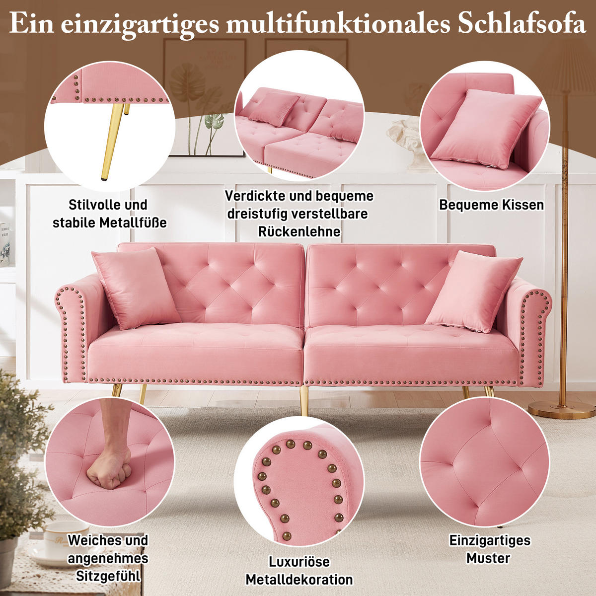 SCHLAFSOFA 2-Sitzer Samt mit 3-fach verstellbarer Doppel-Rückenlehne Rosa 173/75/70 cm - Rosa, Textil (70/173/75cm) - Redom