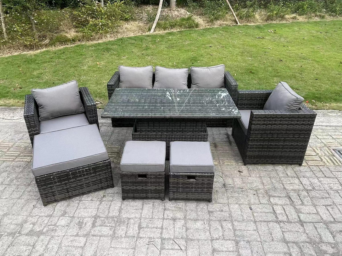 GARTENSOFA Hohe Rückenlehne Polyrattan 8-Sitzer - Dunkelgrau/Grau, Glas/Kunststoff - Fimous