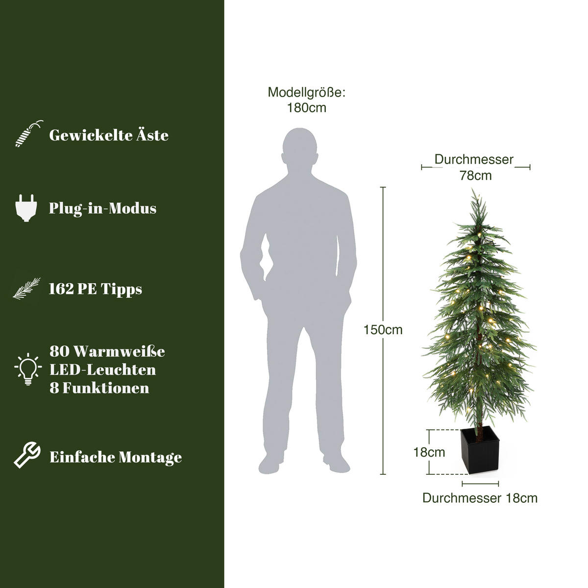 KÜNSTLICHER Weihnachtsbaum 150 cm, Norfolk-Kiefer, 8 Funktionen - Grün, Kunststoff (150cm) - Hometopia