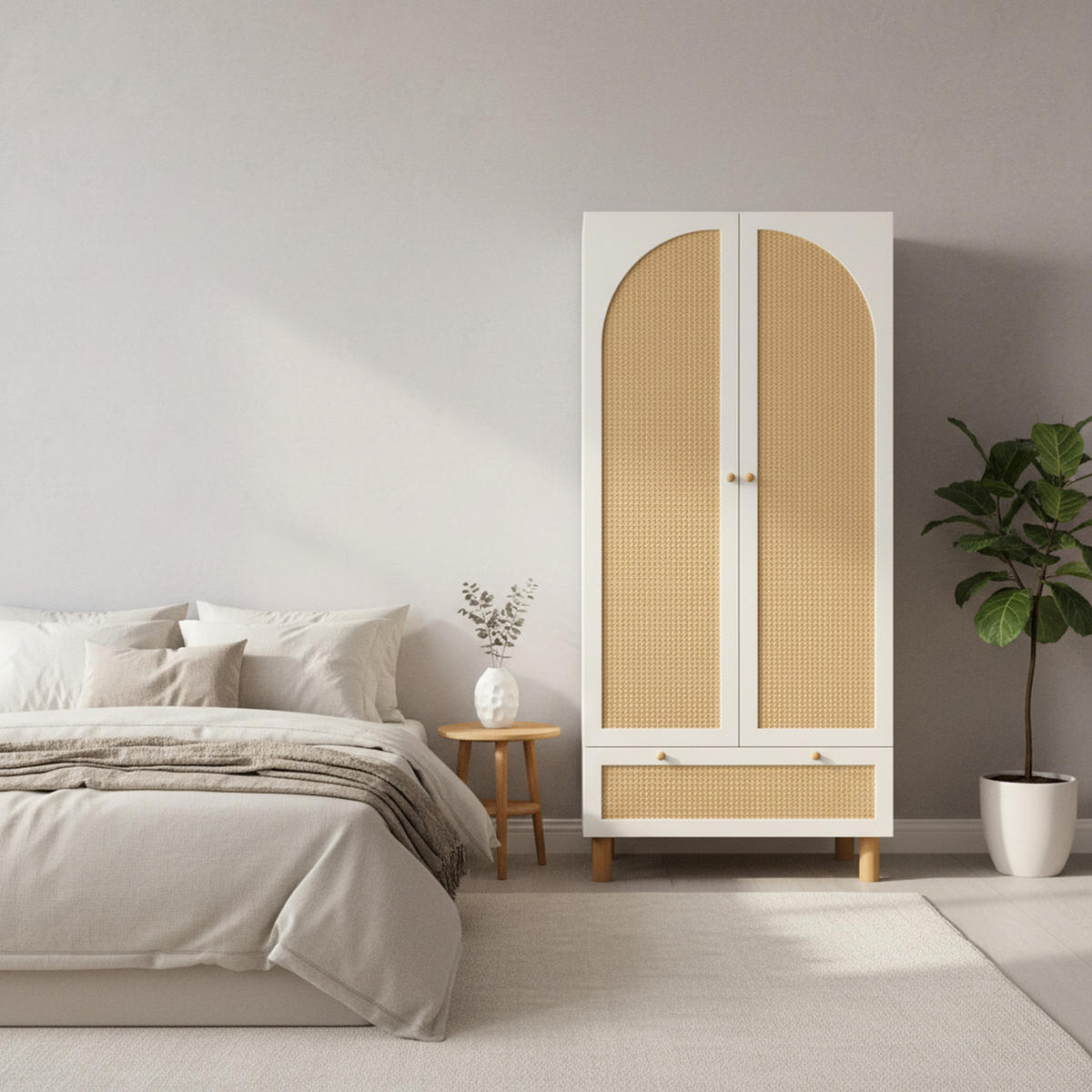 KLEIDERSCHRANK Weiß mit Rattan & Schublade Landhausstil 180×85×52 cm - Weiß, Holzwerkstoff (85/181/52cm) - Urban Meuble