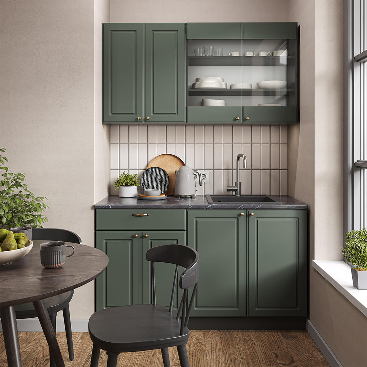 SINGLEKÜCHE Fame-Line Grün-Gold Landhaus/Anthrazit 140 cm, AP Eiche - Anthrazit/Grün, Holzwerkstoff (140/81.6/60cm) - Vicco