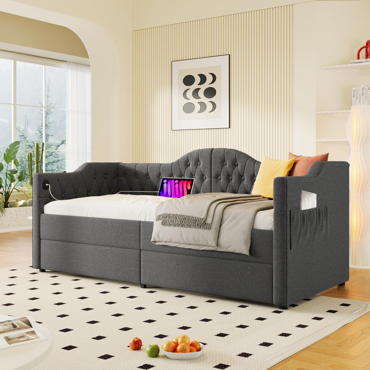 POLSTERBETT 90/200 cm Grau aus Leinen mit 2 Schubladen - Grau, Textil (90/200cm) - OKMYHOME