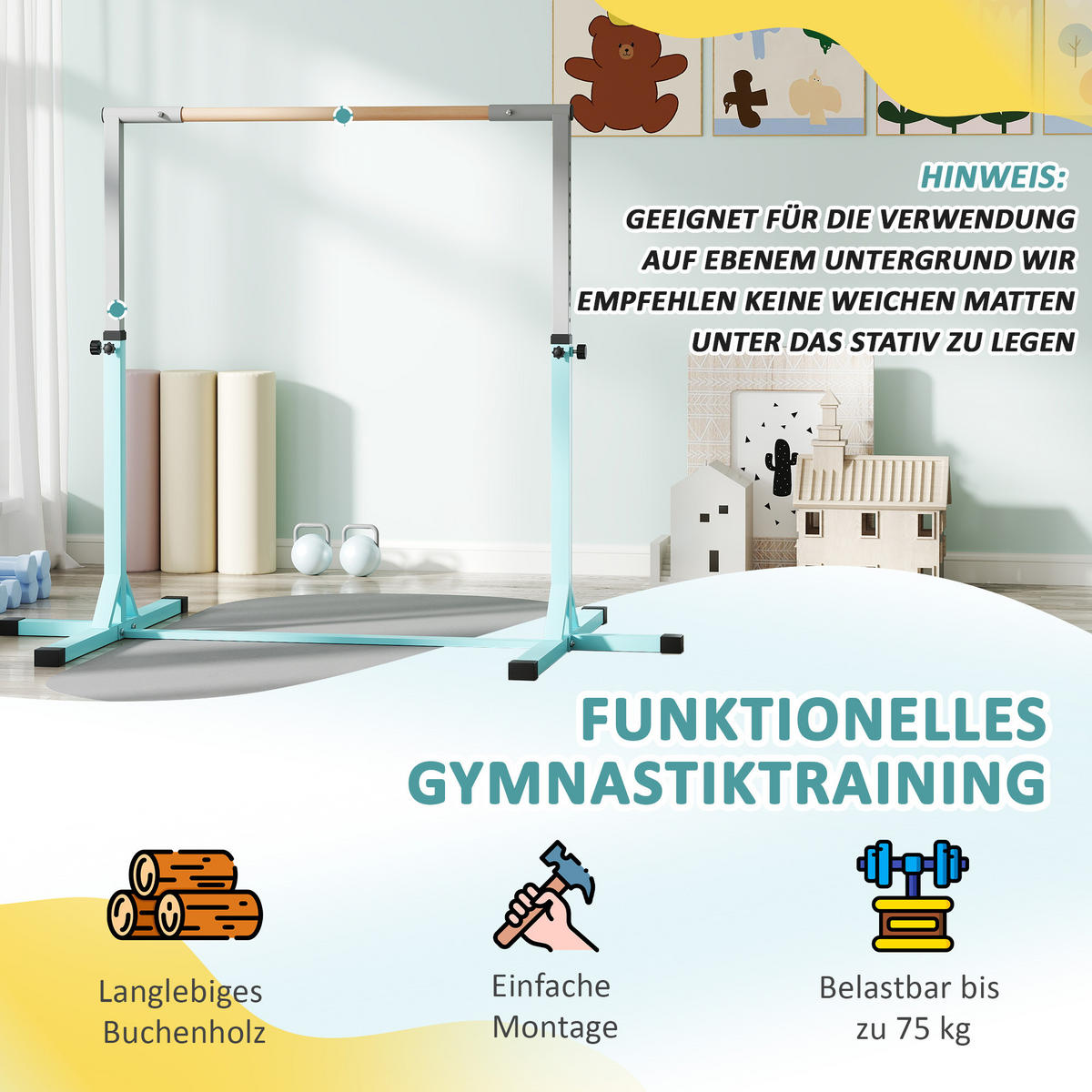 GYMNASTIK-TURNRECK Stahl Buchenholz Hellblau - Hellblau, Metall (121/194cm) - HOMCOM