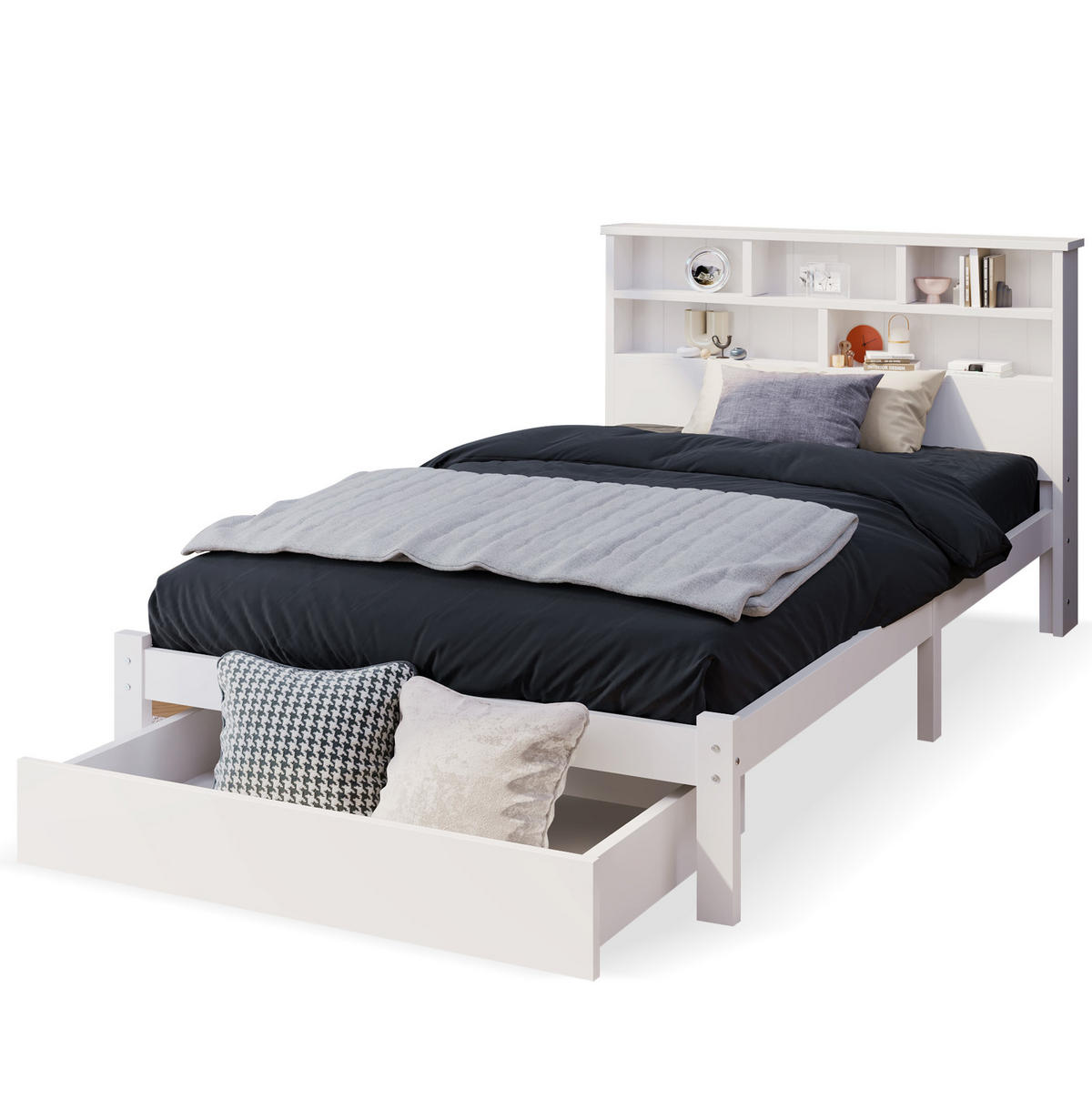 BETT 90/200 cm Weiß aus Massivholz mit Schubladen und Bücherregal-Kopfteil - Weiß, Holz (90/200cm) - Flora Grace