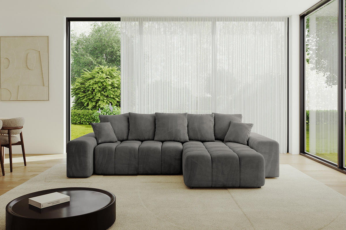 ECKSOFA Ottomane rechts ENIL-L 297x189x68 Dunkelgrau Velours - Anthrazit, Holzwerkstoff/Kunststoff (189/297cm) - ALTDECOR