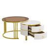 COUCHTISCH-SET 2-teilig, rund, MDF & Hartglas, 2 Schubladen, 70/70/45 + 50/50/40 cm，Weiß - Weiß, Holzwerkstoff (70/70/45cm) - Redom