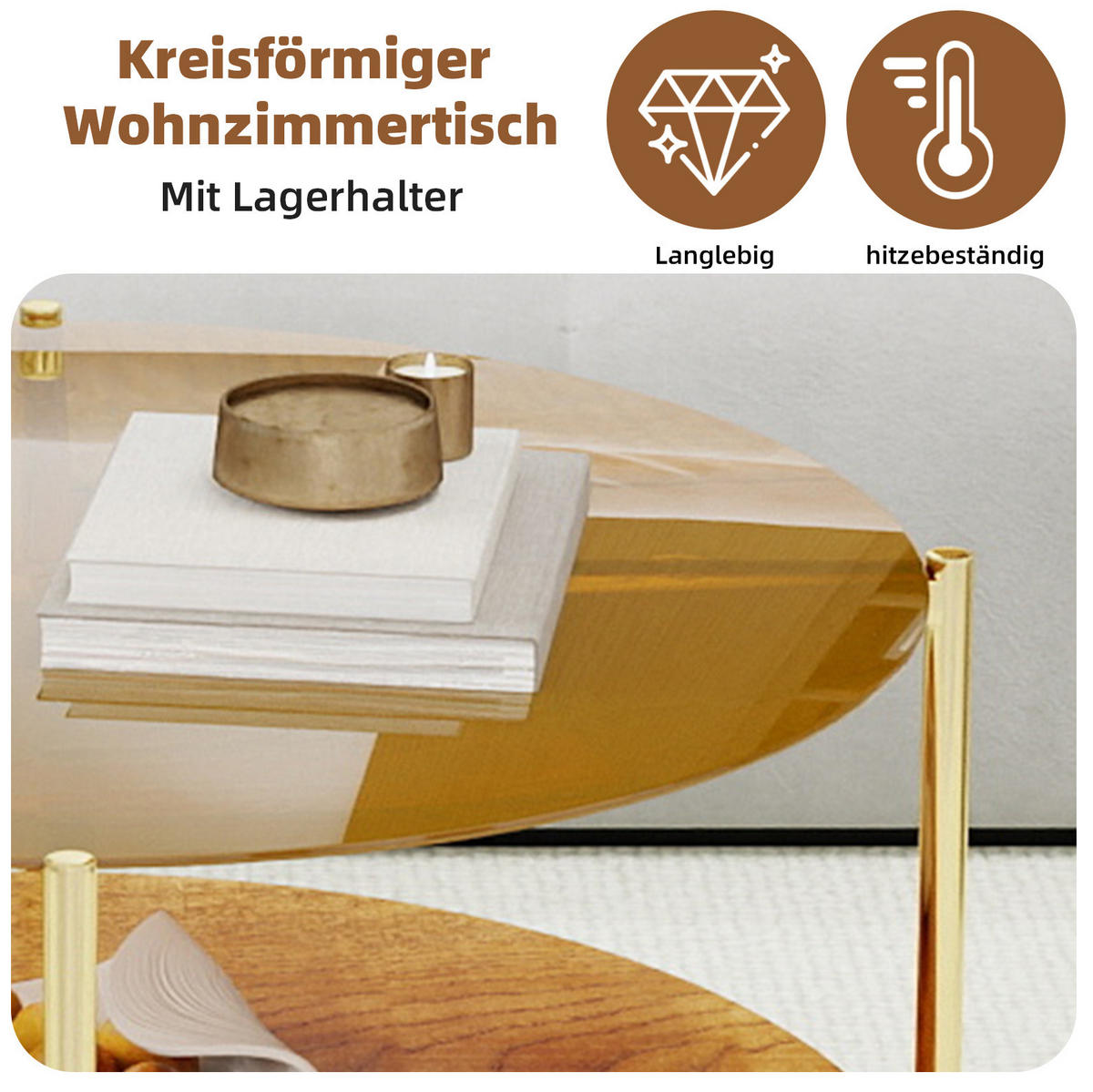 COUCHTISCH Ø82/45 cm in Gold mit Glasplatte und Holzablage - Goldfarben, Glas (82/82/45cm) - BEAOK