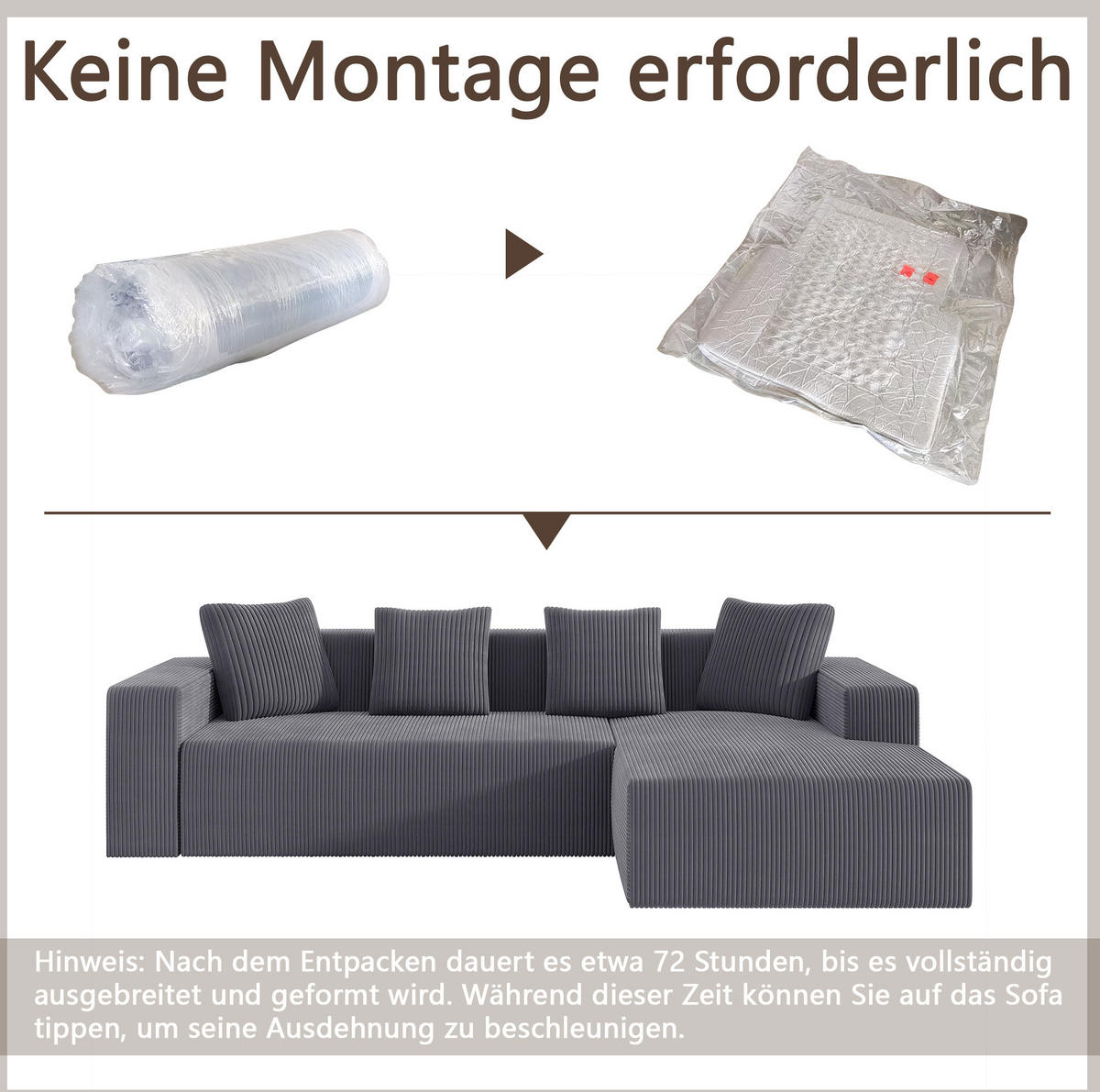 ECKSOFA Cord mit tiefer Sitzfläche, modularer Liege 261/146/65 cm Grau - Grau, Textil (146/261cm) - Redom