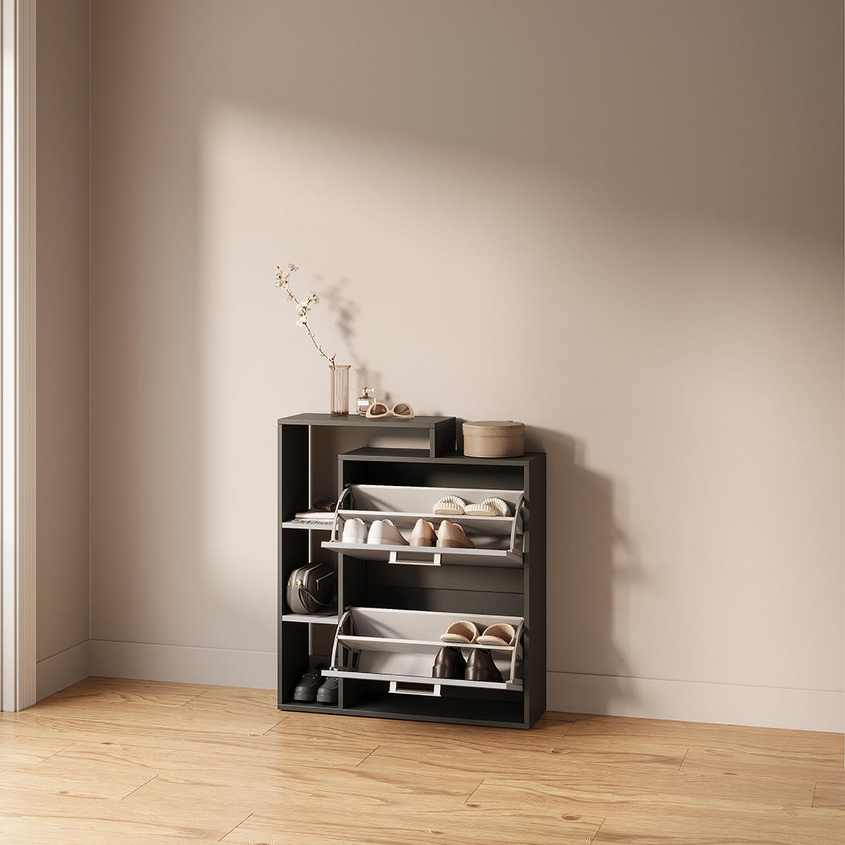 SCHUHKIPPER Ortello Anthrazit/Greige 80 x 90 cm - Greige/Anthrazit, Holzwerkstoff (80/90/24.2cm) - Livinity®