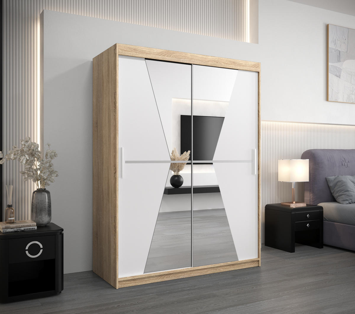 SCHWEBETÜRENSCHRANK 200/150/62 2-türig - Silberfarben/Weiß, Holz/Kunststoff (150/200/62cm) - Abiks Möbel