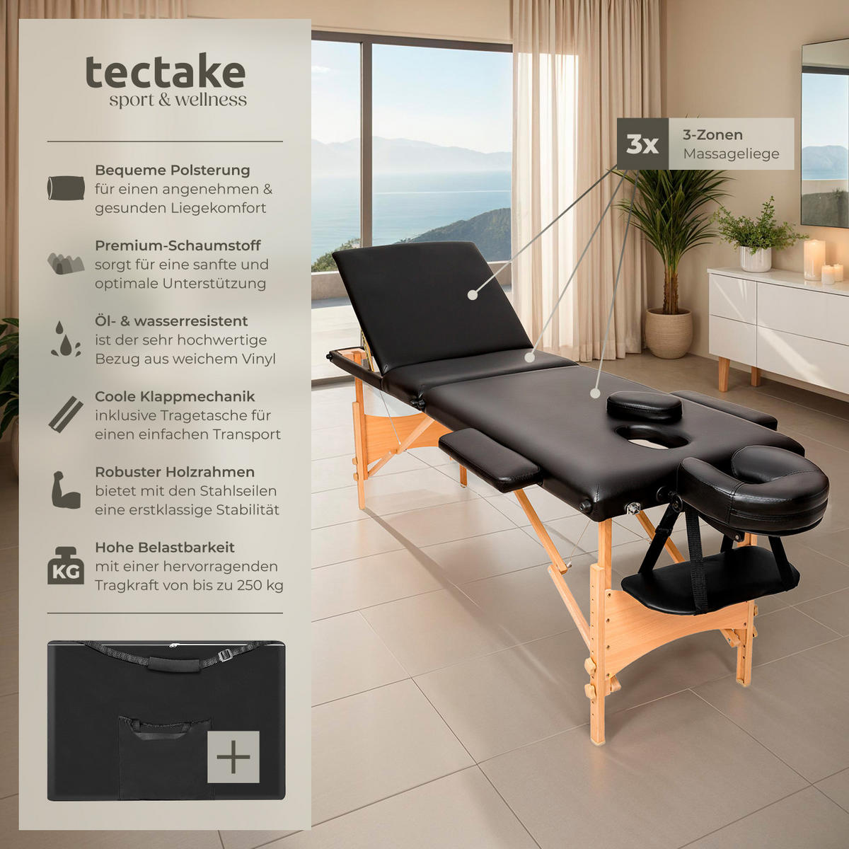 MASSAGELIEGE 3 Zonen Daniel,210 x 95 x 84 cm,schwarz - Schwarz, Holz (61/62/185cm) - tectake