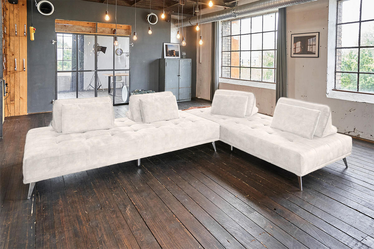 ECKSOFA WIOLO Cremeweiß Velvet - Silberfarben/Creme, Textil/Metall (350/240cm) - KAWOLA