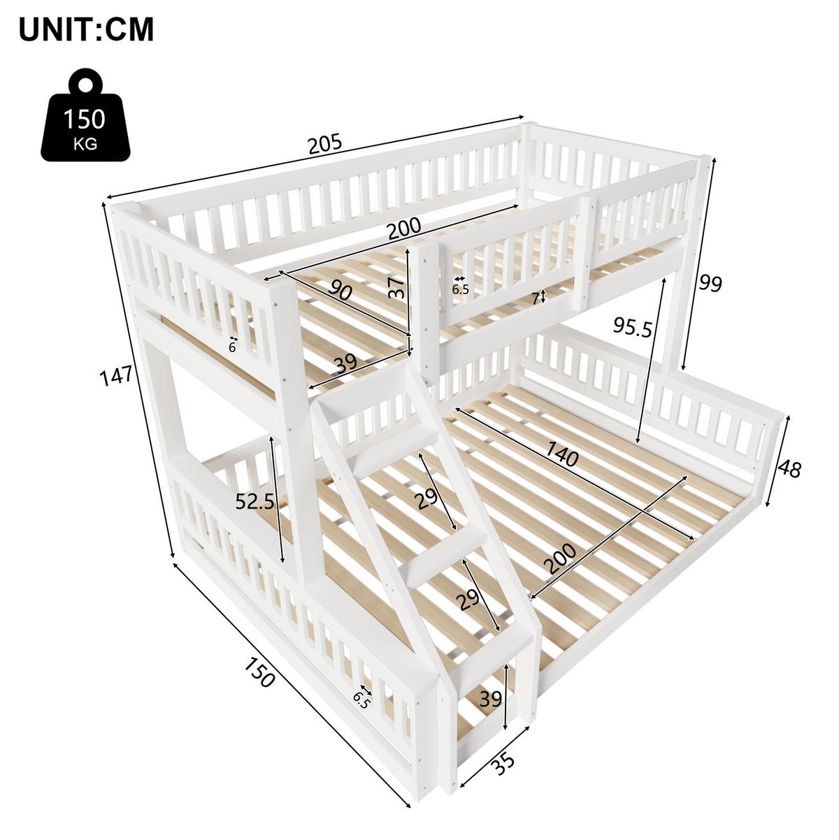 ETAGENBETT 90/200 cm + 140/200 cm, Weiß mit Leiter und Bettgitter ohne Matratze - Weiß, Holz (140/200cm) - MIVRAY