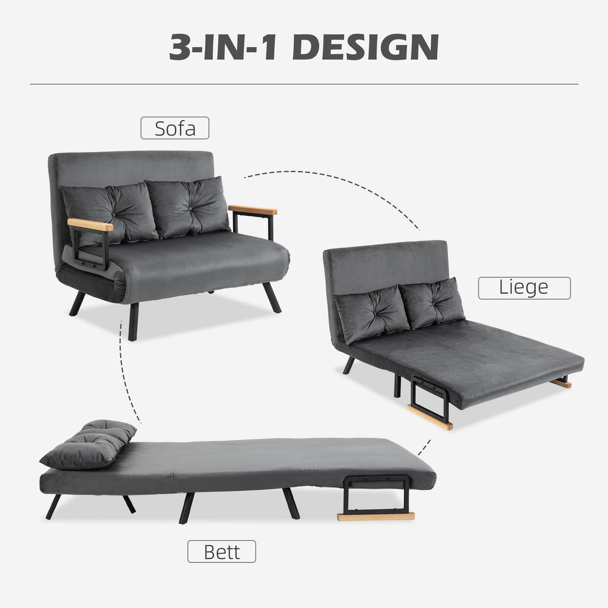 SCHLAFSOFA, Zweisitzer mit Bettfunktion, Schlafcouch mit Samtoptik, Rückenkissen - Dunkelgrau/Schwarz, Holz/Textil (73/81/102cm) - HOMCOM