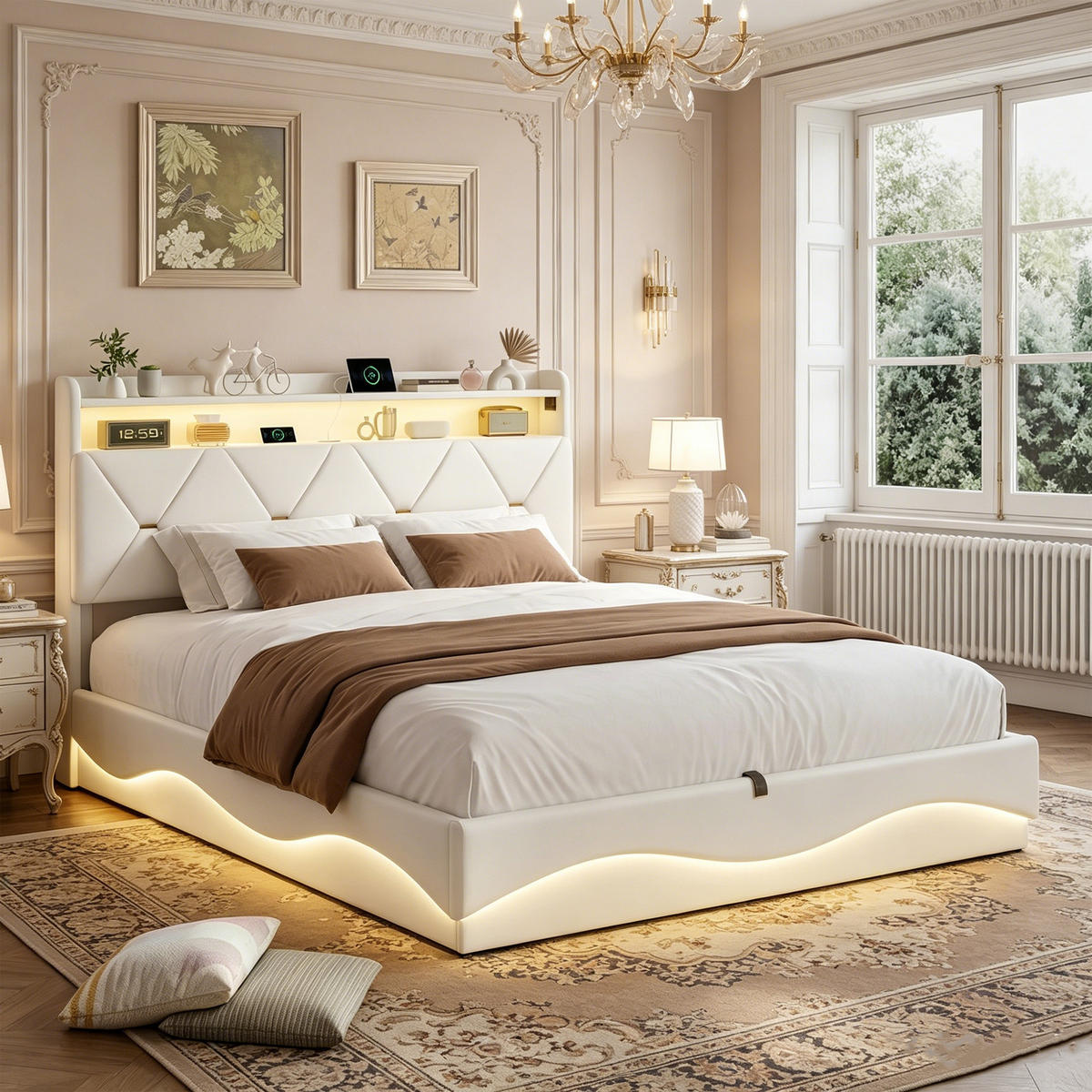STAURAUMBETTEN 160 x 200, Doppelbett mit Bettkasten und Lattenrost, Kopfteil, LED, USB, Samt, beige - Beige, Holzwerkstoff/Textil (160/200cm) - GENKI LIVING
