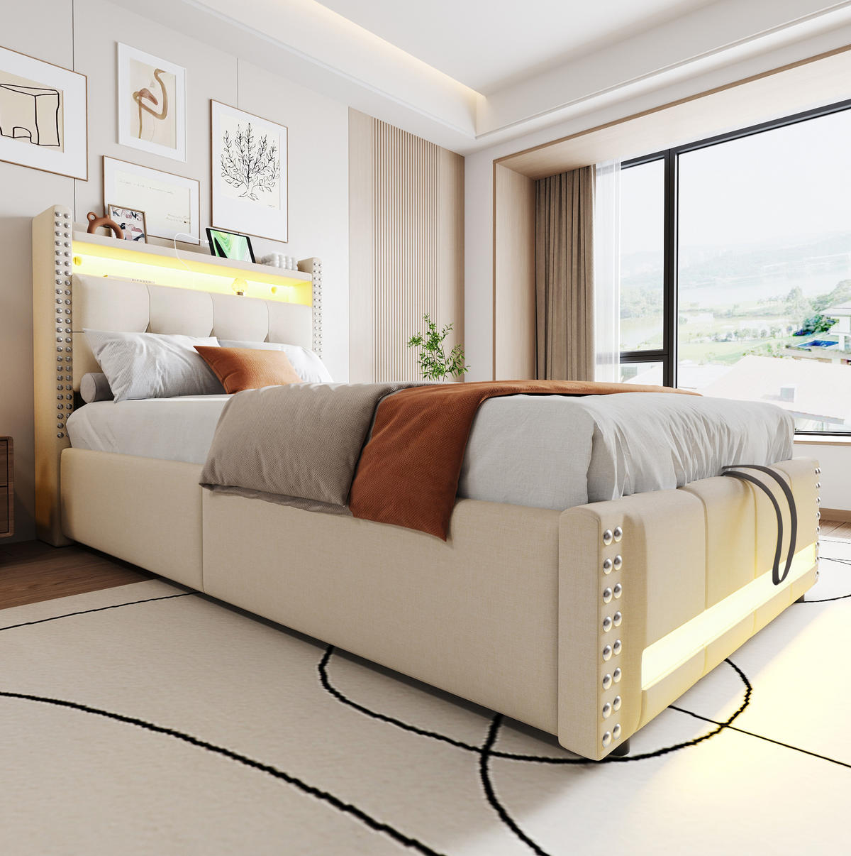 POLSTERBETT mit LED-Beleuchtung 90/200 cm mit Bettkasten und USB-Anschluss - Beige, Textil (90/200cm) - BEAOK