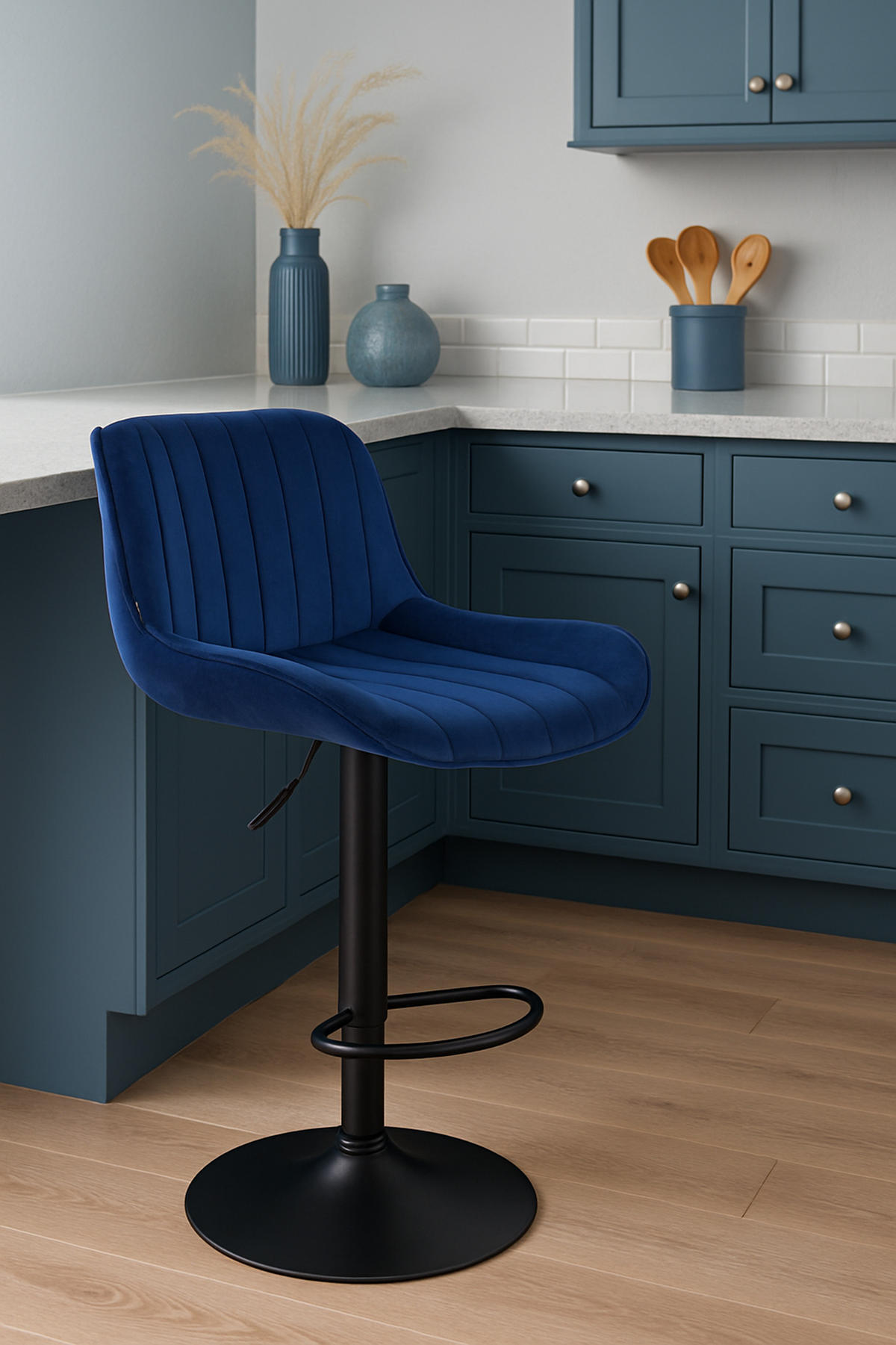 BARHOCKER Lento Gestell schwarz Samt Blau - Blau/Schwarz, Textil/Metall (50/108/50cm) - TPFLiving