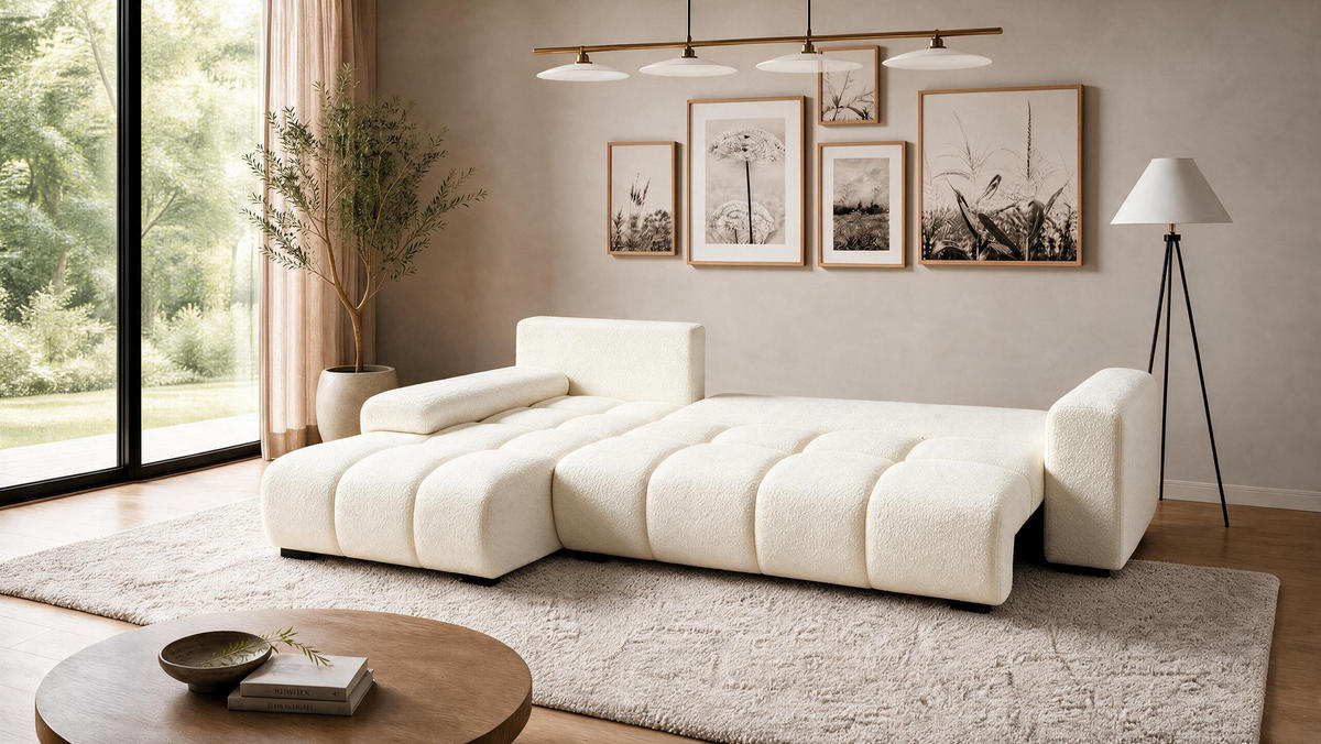ECKSOFA Ovia mit Bettkasten und Schlaffunktion, Bouclé-Stoff in L-Form - Beige, Textil (270/185cm)