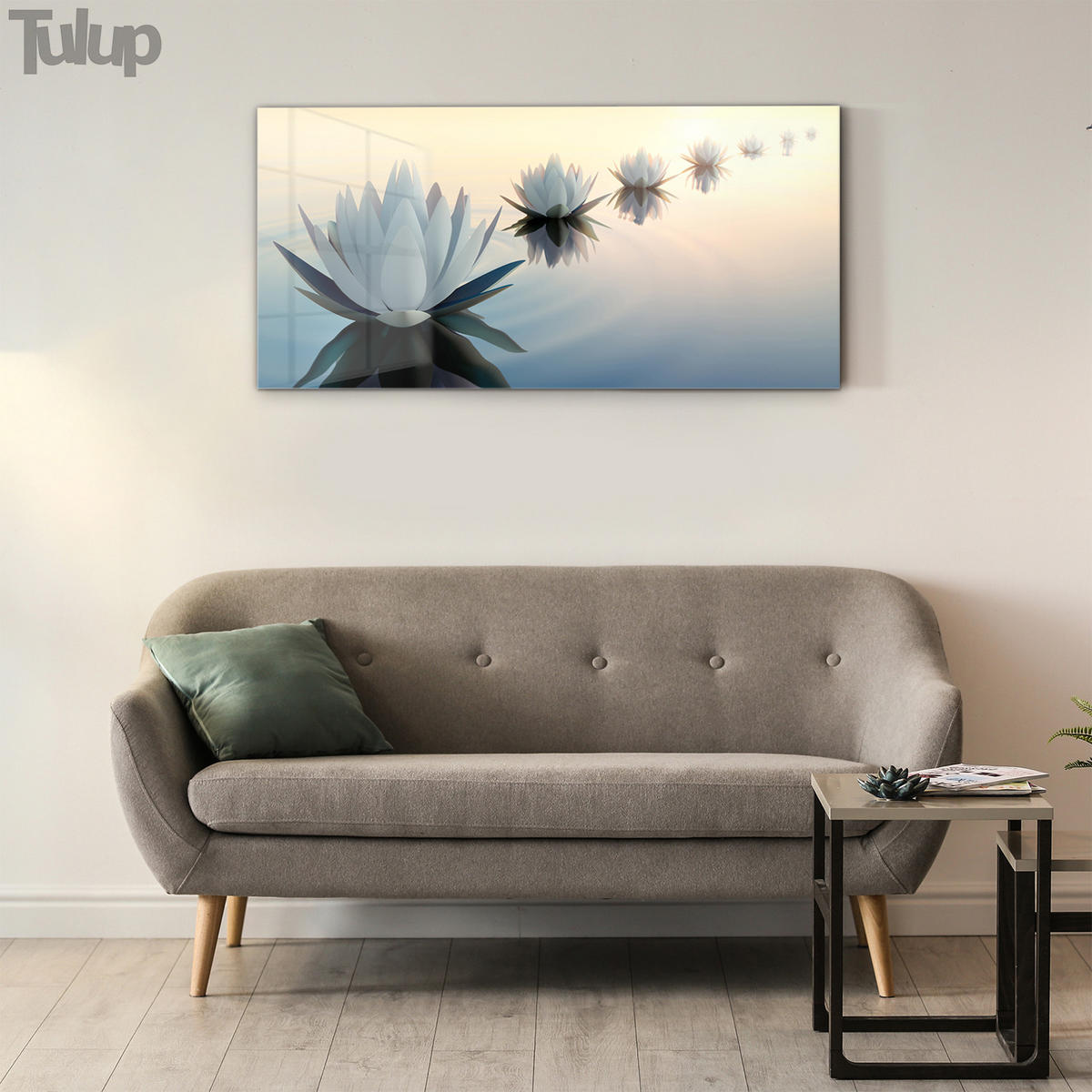 GLASBILD 120x60 cm Lotosblume - Creme/Hellblau, Glas (120/60cm) - TULUP