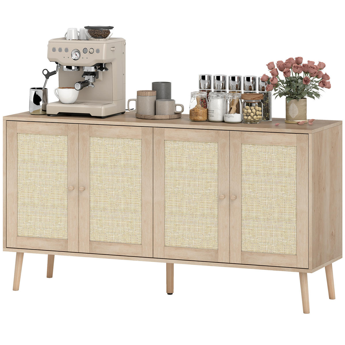 SIDEBOARD DE-11246 2 Türen mit Rattan & verstellbaren Böden Naturholz - Naturfarben, Holzwerkstoff (140/75/40cm) - ComfortXL