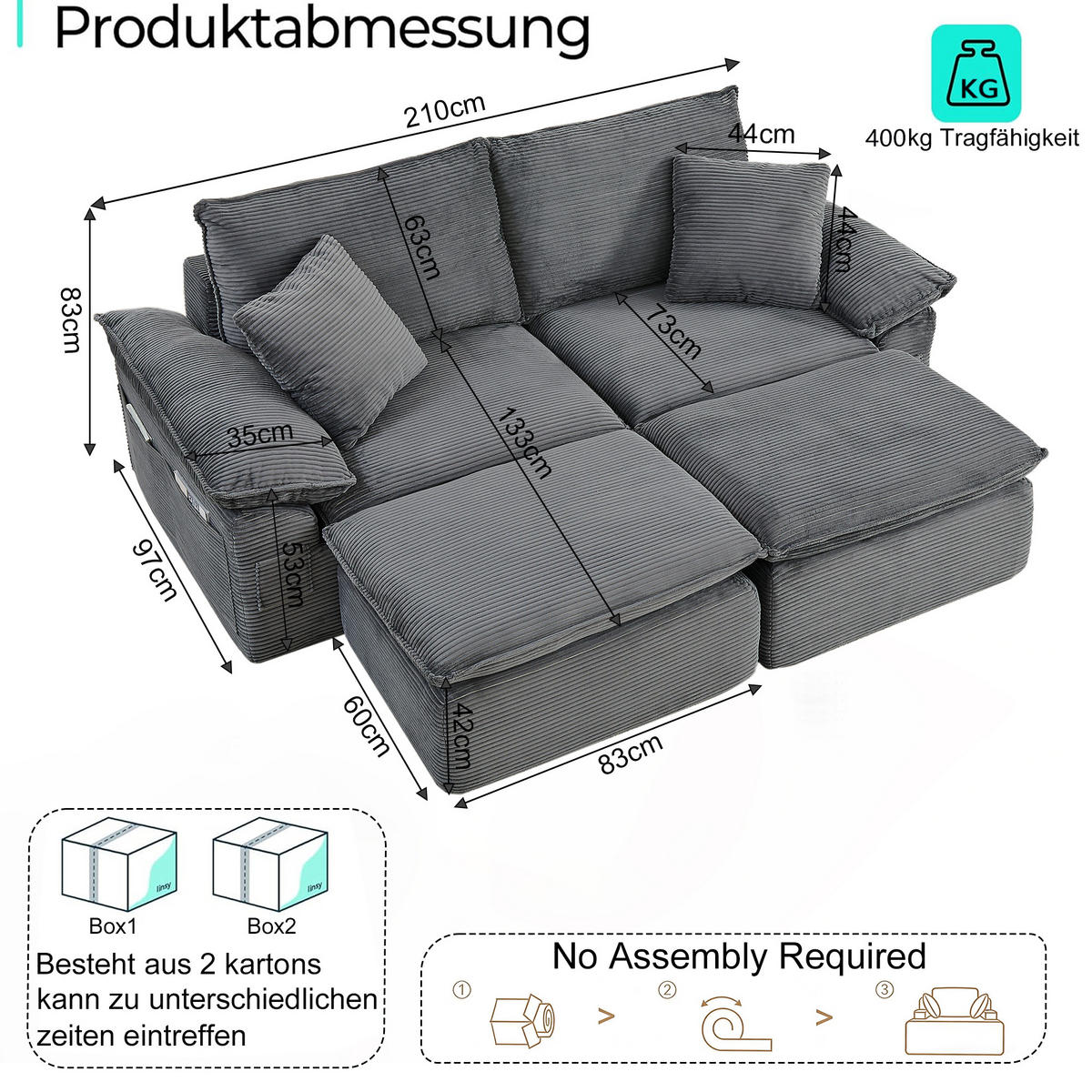 2-SITZER-SOFA DE-35047 boneless mit Fußstütze Hellgrau - Hellgrau, Textil (206/65/156cm) - ComfortXL