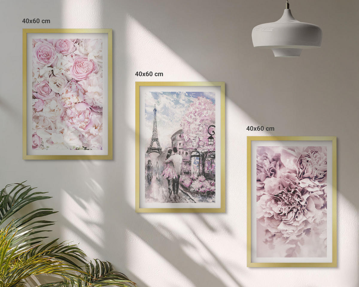 BILDER SET 3er Set - 40x60 cm Goldrahmen - Blumenlandschaft in Rosatönen - Goldfarben, Kunststoff (40/60cm) - TULUP