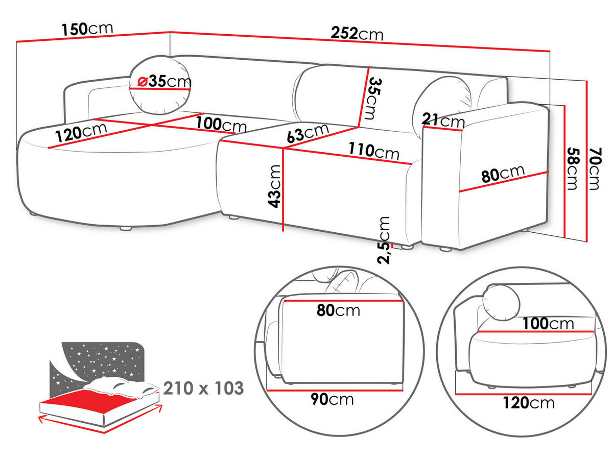 ECKSOFA Nicelo - Schwarz/Grau, Holz/Textil (252/150cm) - MIRJAN24