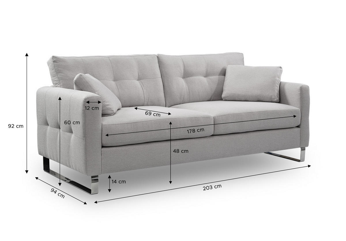 SOFA hellgrau Flachgewebe 2,5-Sitzer 203 cm, Couch mit Steppoptik - Chromfarben/Hellgrau, Holz/Textil (203/92/94cm) - Inn.Furn