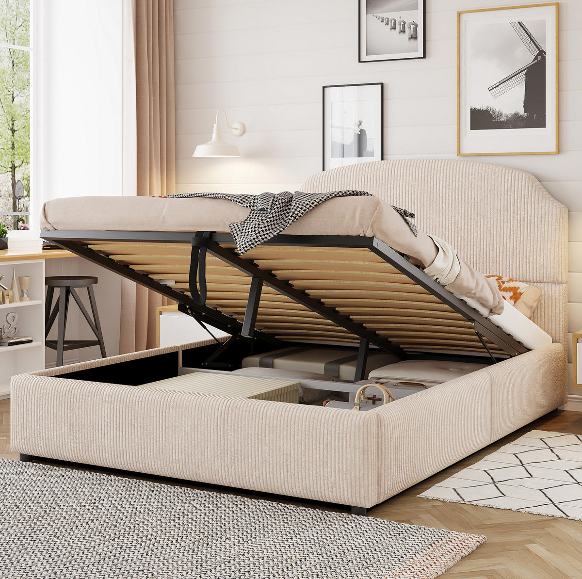 POLSTERBETT 140/200 cm mit hydraulischem Bettkasten und großem Kopfteil, Beige - Beige, Holzwerkstoff (140/200cm) - Redom