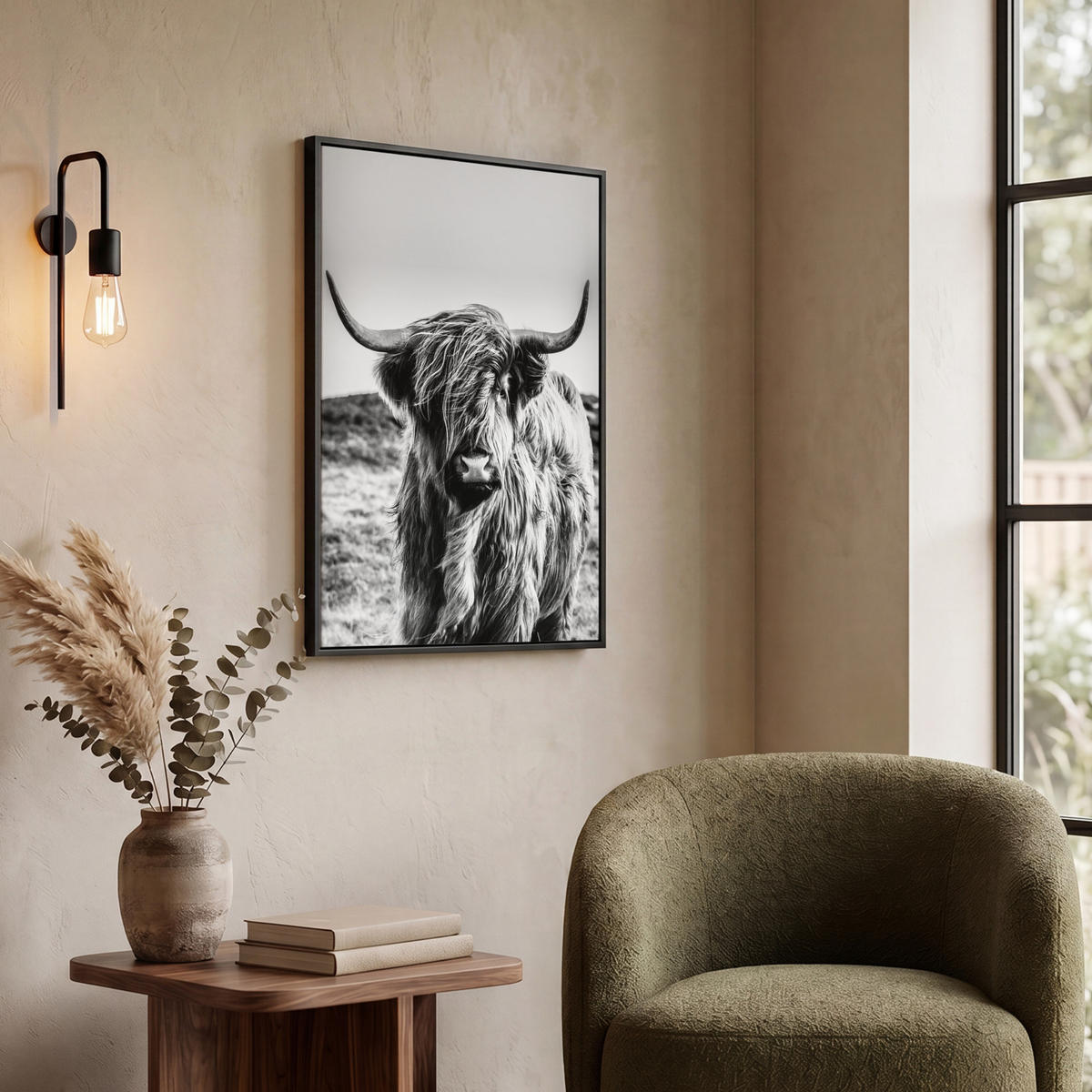 LEINWAND Bilder mit Rahmen - Kuh - Schottischer Hochländer - Schwarz - Weiß - Tier - Natur - Wildtiere - 50x70 - Schwarz, Textil (50/70cm) - MuchoWow