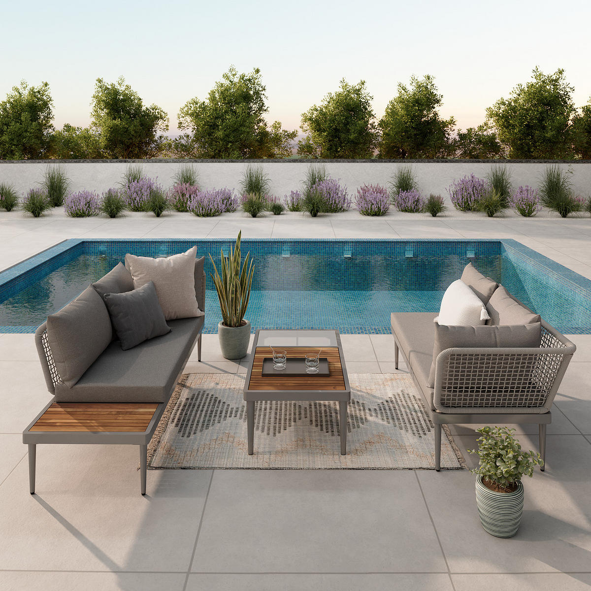 LOUNGESET - Stahl / Polyester - Anthrazit - 3-teilig - Anthrazit/Braun, Naturmaterialien/Glas - home24