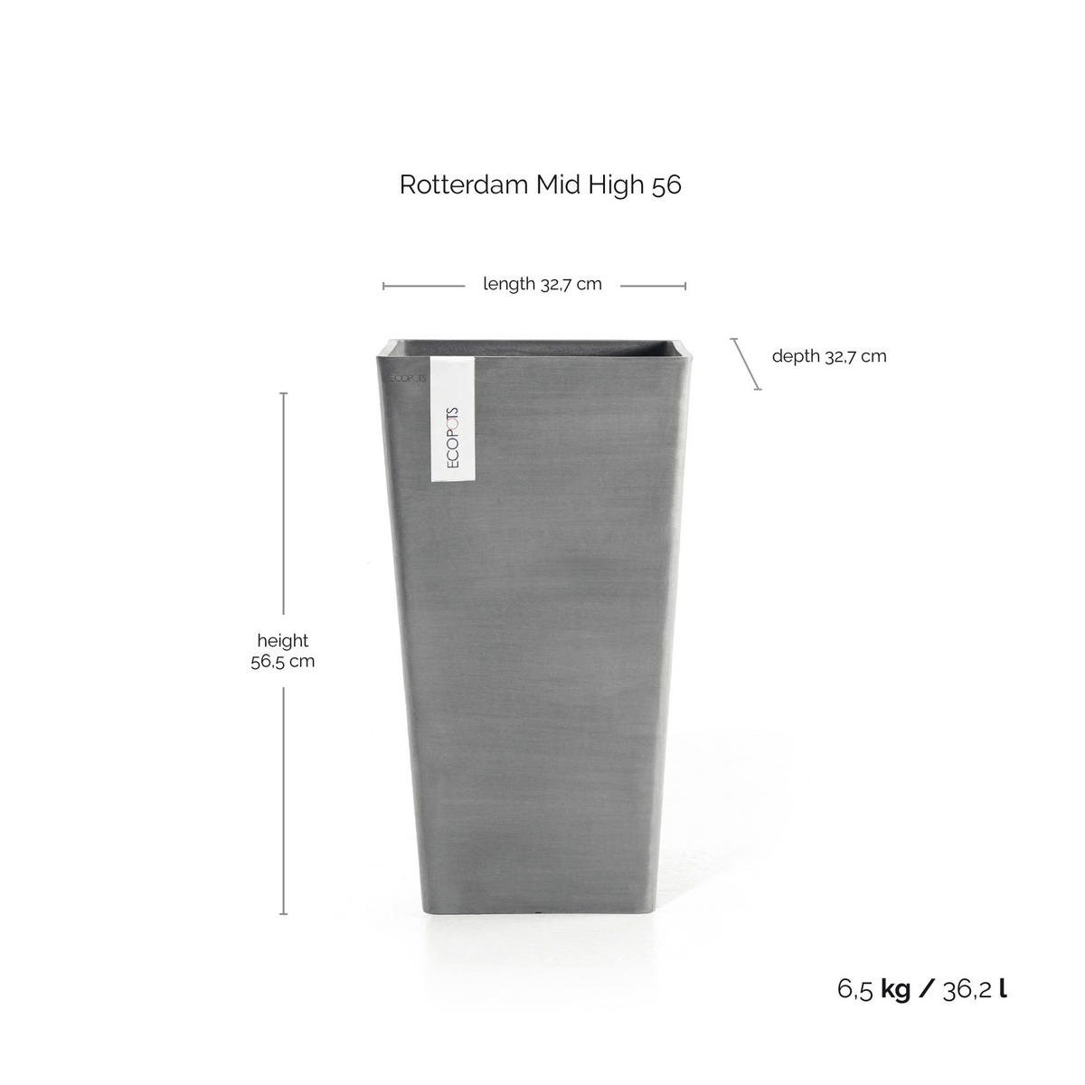 BLUMENTOPF Rotterdam Mid High 31/31/56,5 cm Grau - Grau, Kunststoff (31/56.5cm) - Ecopots