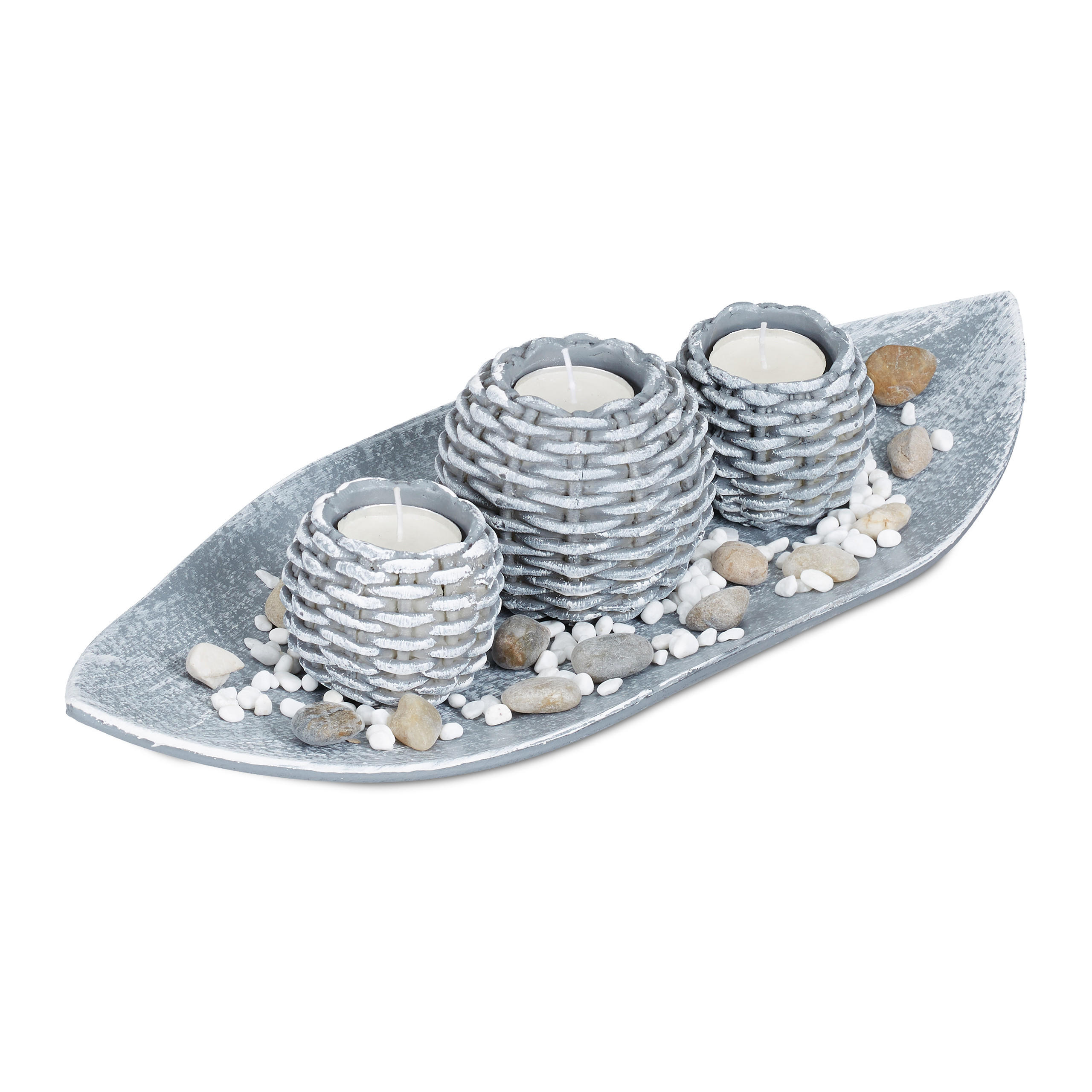 SUPORT LUMANARE Gri Alb set-3-piese cu tava 38,5x16 cm