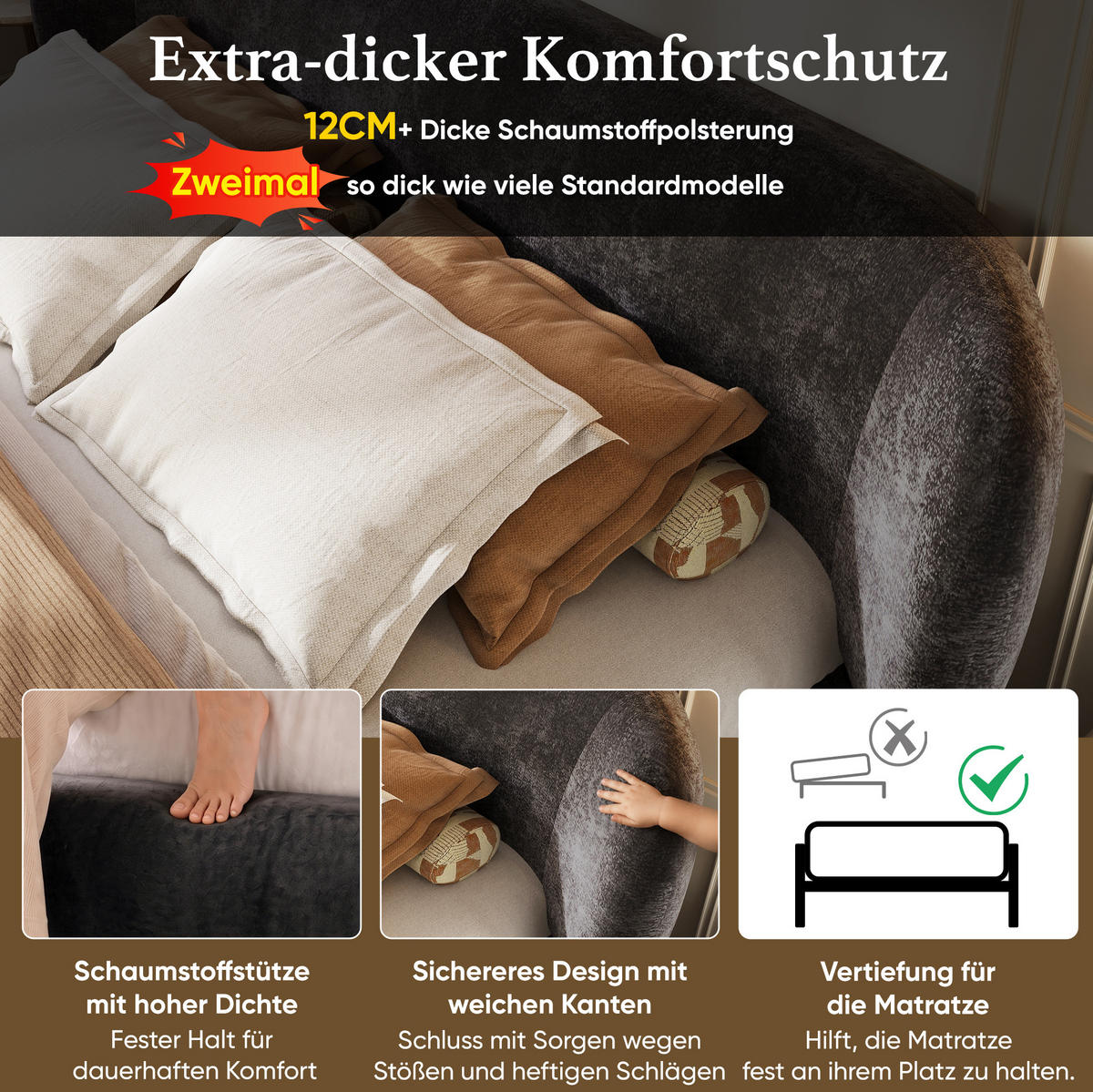 POLSTERBETT aus Chenille 160x200 cm Grau mit Lattenrost und gepolstertem Kopfteil - Grau, Textil (160/200cm) - Modfu
