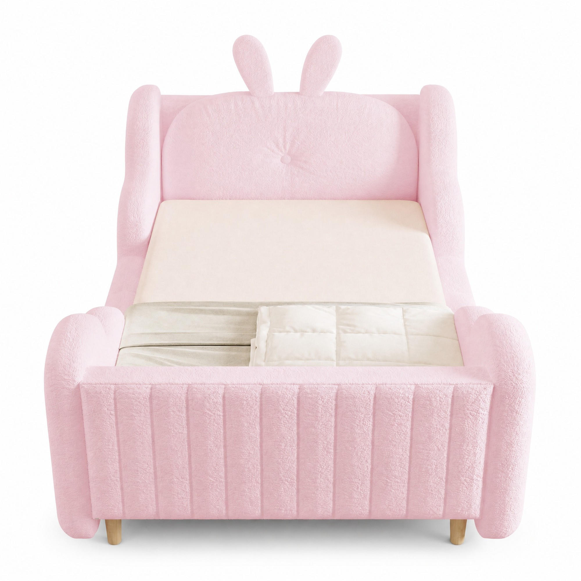 KINDERBETT 90/200 mit Hasenkissen, Wolkenleisten, Teddyplüsch, Lattenrost und verstärktem Rahmen in Rosa - Rosa, Holzwerkstoff/Textil (90/200cm) - EVRYAE