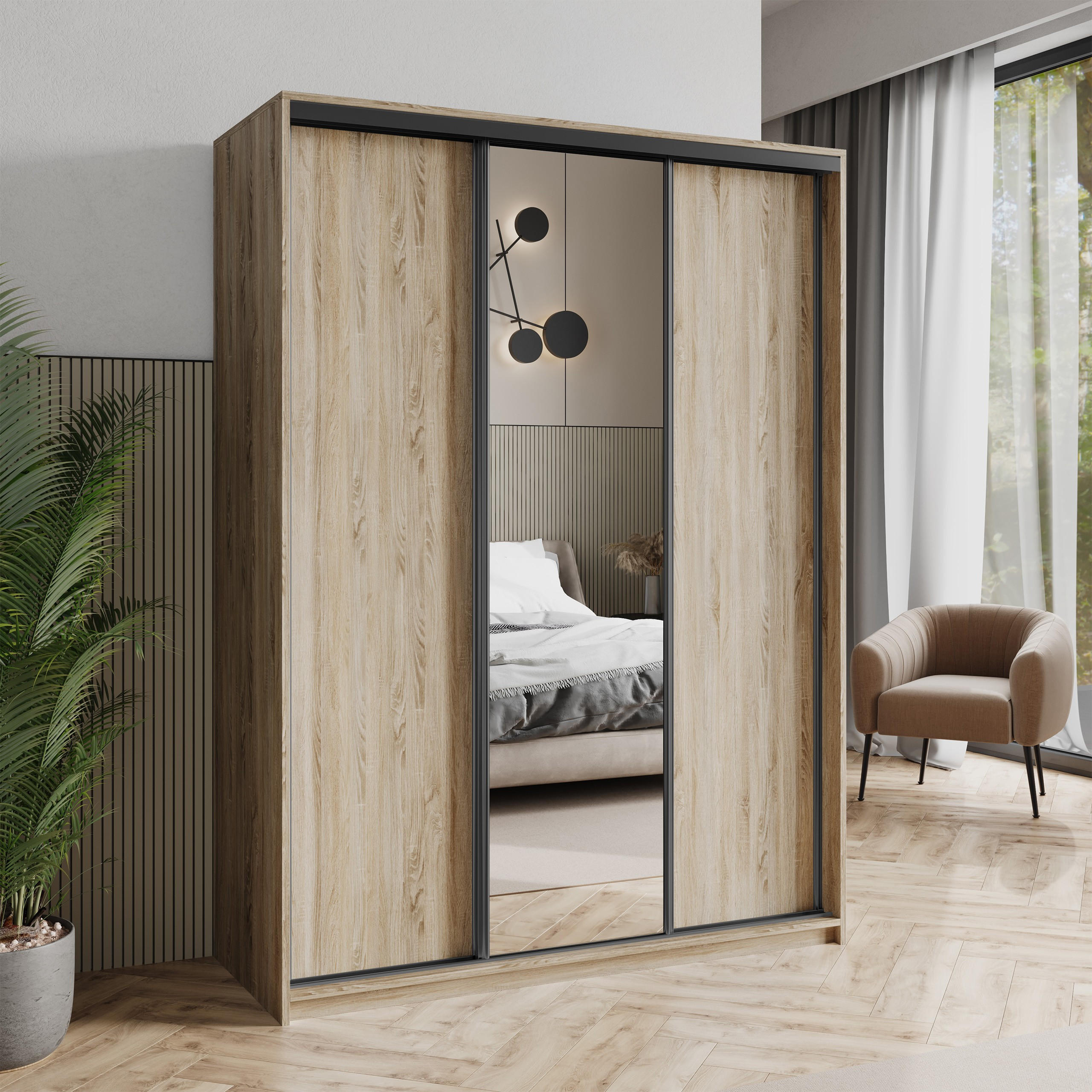 SCHWEBETÜRENSCHRANK TAVI 150/205/60 cm 3-türig mit Spiegel Sonoma Eiche - Sonoma Eiche, Holzwerkstoff (150/205/60cm) - MASSENO