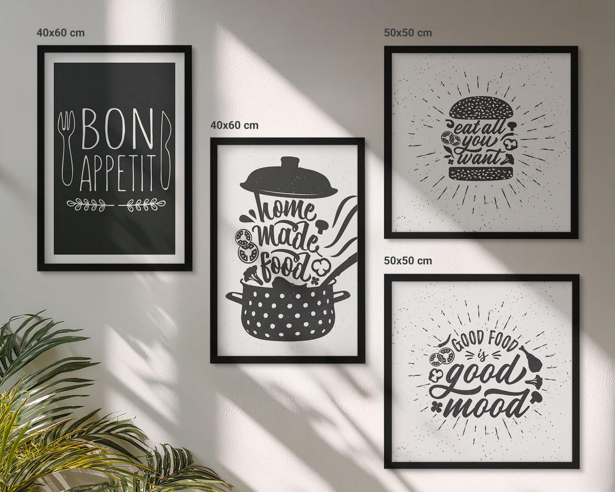 BILDER SET 4er Set - 50x50 cm & 40x60 cm Schwarzer Rahmen - Grafiken, Lebensmittel, kulinarische Slogans - Schwarz, Kunststoff (50/50cm) - TULUP