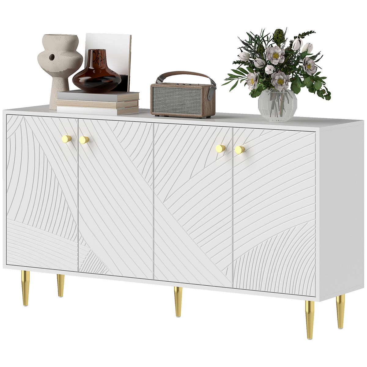 SIDEBOARD DE-11145 Mit verstellbaren Böden & Goldakzenten Weiß - Weiß, Holzwerkstoff (140/77.5/35cm) - ComfortXL