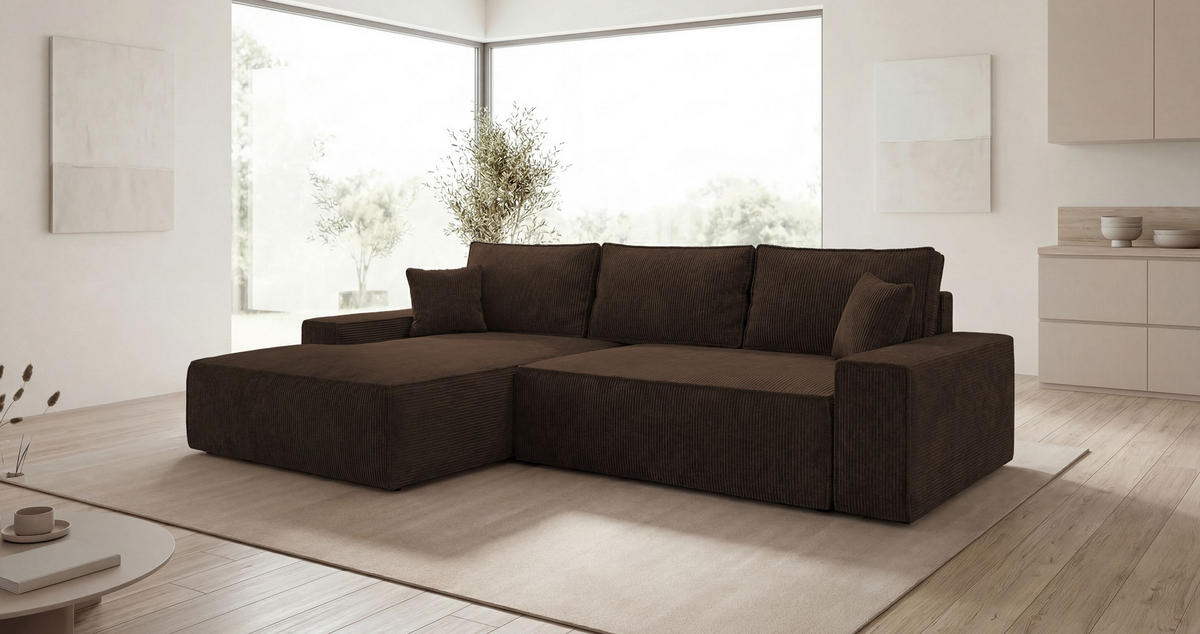 ECKSOFA VERONA links braun Cord Poso 6 - Schlaffunktion, Bettkasten - Braun, Textil (280/185cm) - Cornero