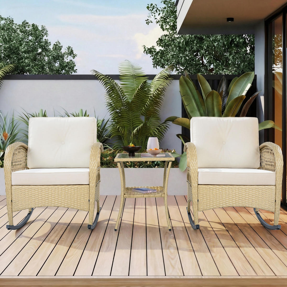 BALKONSET Rattan 3tlg Schaukelstuhl Kissen Beige 160kg - Beige, Metall - FLIEKS