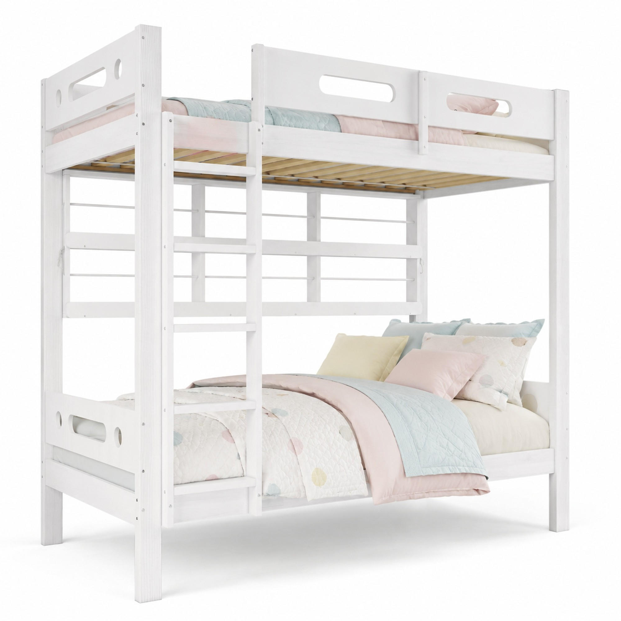 ETAGENBETT 90/200 mit offenen Regalen, Fallschutzgitter und Leiter in Weiß - Weiß, Holzwerkstoff (90/200cm) - EVRYAE
