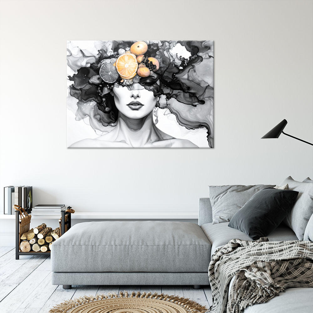 LEINWANDBILD Frau mit Früchten auf dem Kopf 100x70cm - Grau, Textil (100/70cm) - Feeby