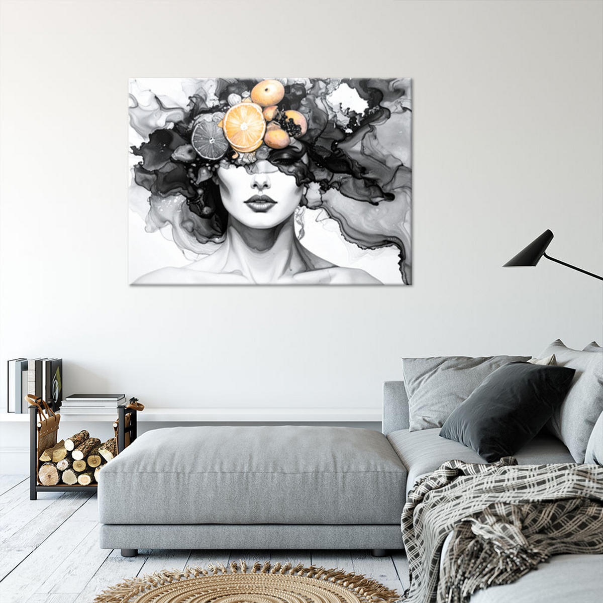 LEINWANDBILD Frau mit Früchten auf dem Kopf 100x70cm - Grau, Textil (100/70cm) - Feeby